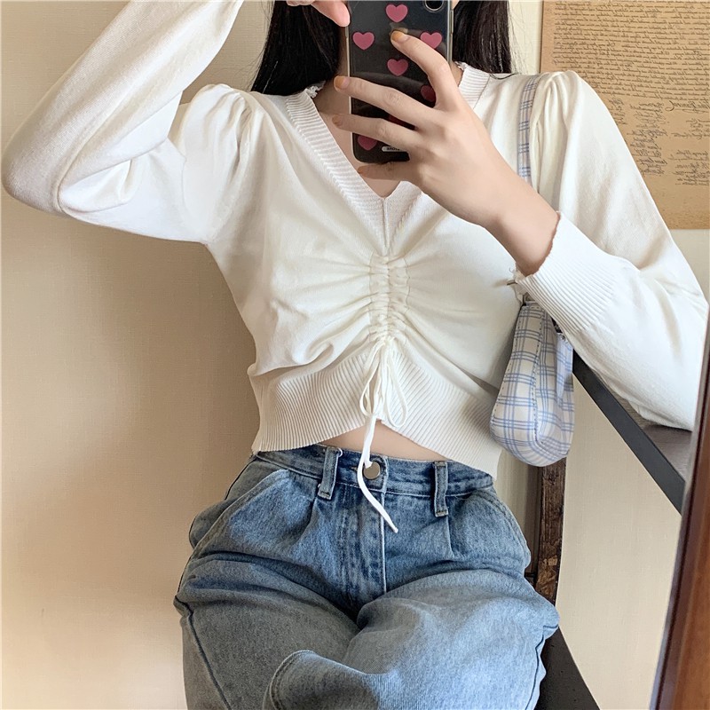 LEEVA - Áo croptop dây rút dài tay phong cách nhẹ nhàng A134