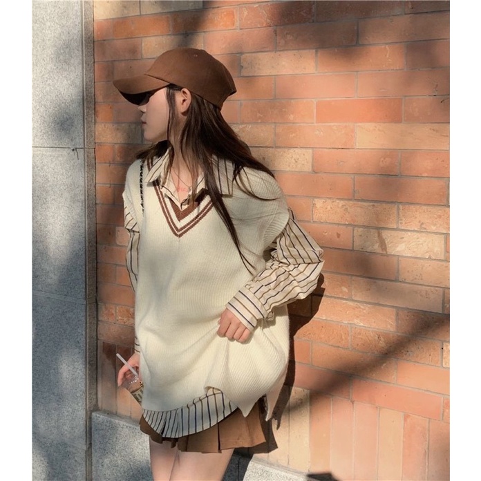 SET ÁO GILE XẺ TÀ + SƠMI KẺ SỌC PHONG CÁCH HÀN  gile màu trắng viền nâu