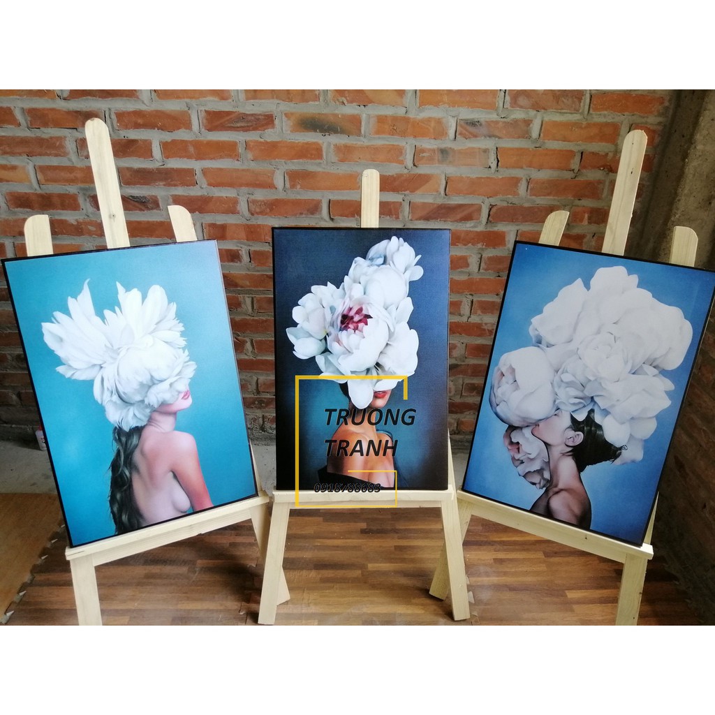 [ bán giá gôc] Tranh canvas khung cao cấp 40x60cm x 3 tranh VIP mới mua được - Cô gái đội hoa trắng xanh FreeShip#Giảm g