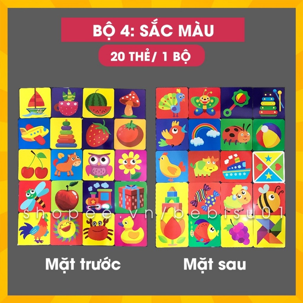 [Ko thấm nước] Bộ 20 Thẻ Kích thích Thị giác và Não phải cho bé từ 0-36 tháng, Khổ 21x21cm, In 2 mặt