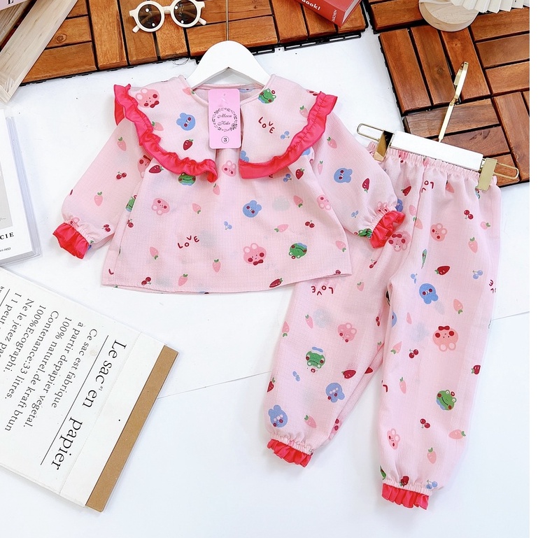Đồ bộ Pijama dài tay cho bé gái phối ren cổ bèo xịn xò 8-20kg