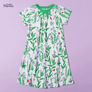 Váy bé gái Little Maven màu xanh mát họa tiết hoa lá mùa hè ngộ nghĩnh đủ size 2-7T