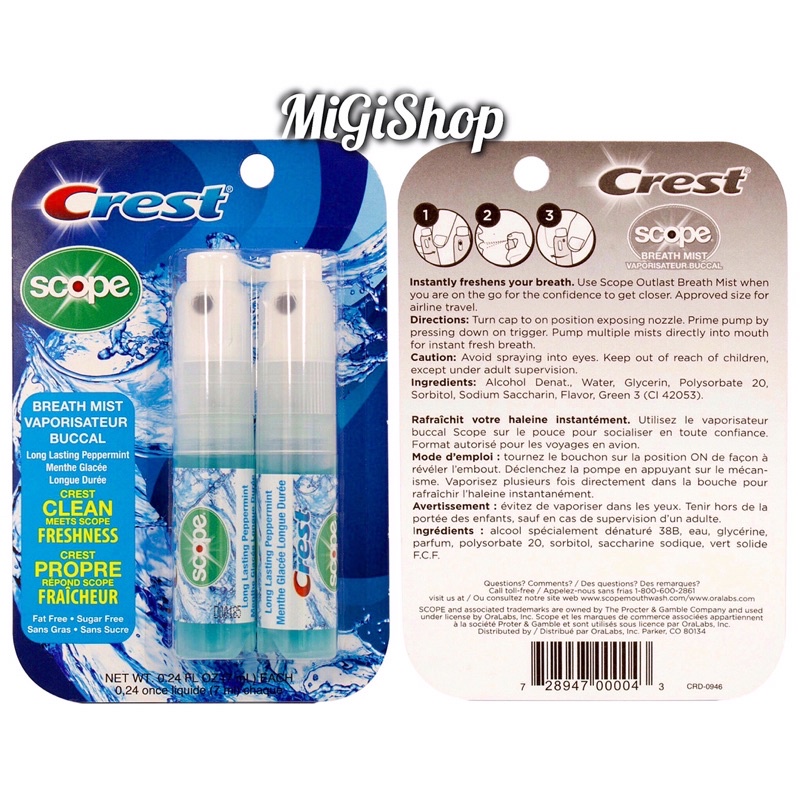 [Hàng Mỹ] Xịt Thơm Miệng Crest Scope Long Lasting Mint Breath Mist (vỉ 2 chai x 7ml)