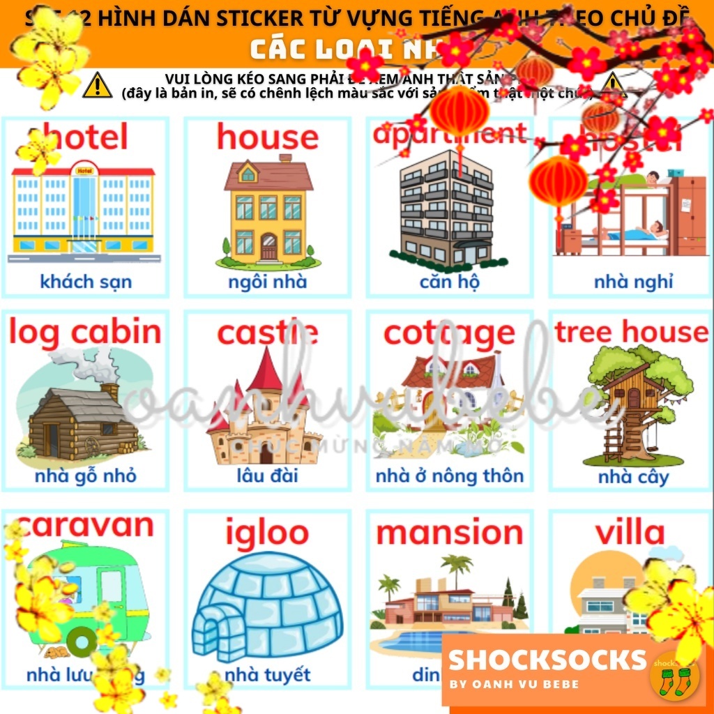 🔥 SET 12 miếng dán sticker từ vựng tiếng Anh chủ đề CÁC LOẠI NHÀ Ở 🔥