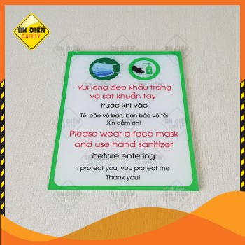 Biển báo An Điền Safety - Biển báo Rửa tay - Đeo khẩu trang 15x20cm bằng mica cao cấp. Tặng kèm miếng dán keo 3M