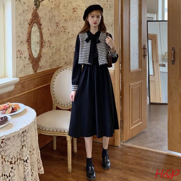 Set đầm dài tay phong cách Pháp + áo khoác không tay thời trang dành cho nữ