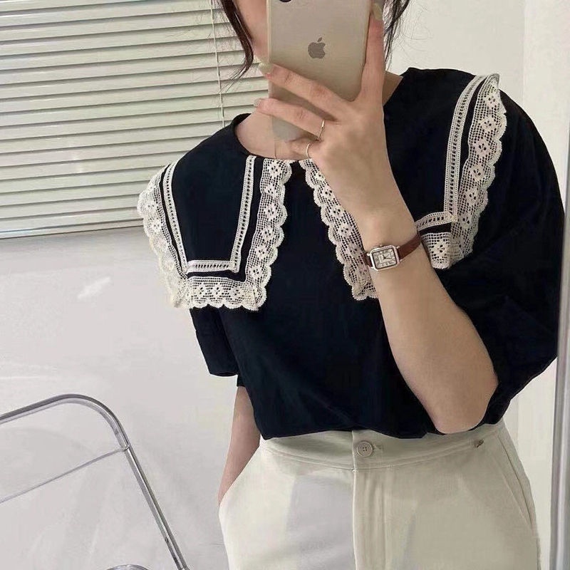 Áo Thun Dáng Rộng Cổ Búp Bê Phối Ren Thiết Kế Mới Thời Trang Mùa Hè Dành Cho Nữ