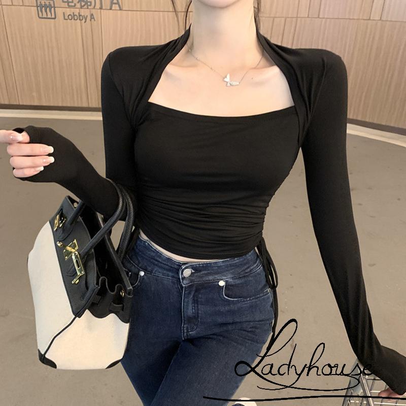 LDD-Women Long Sleeve Tops with Adjustable Drawstring, Solid Color Skinny Version Navel Clothing