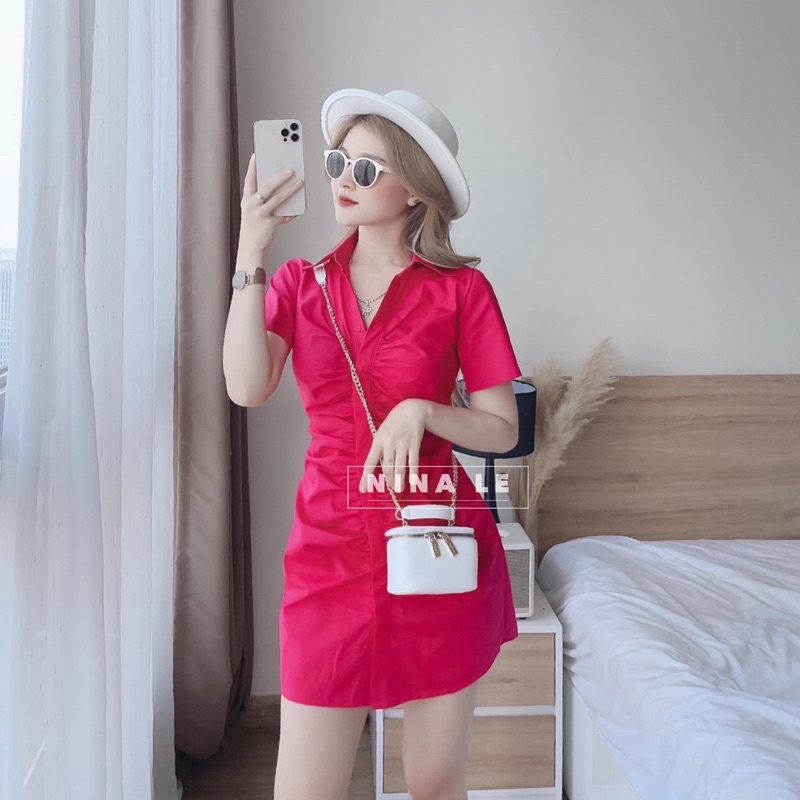 Váy sơmi nhún ❤️Đầm thân nhúng ngắn tay
