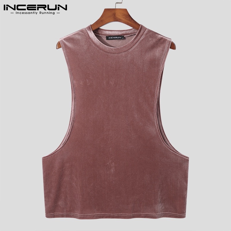 Áo thun ba lỗ INCERUN màu trơn dáng rộng bằng vải nhung thời trang dành cho nam