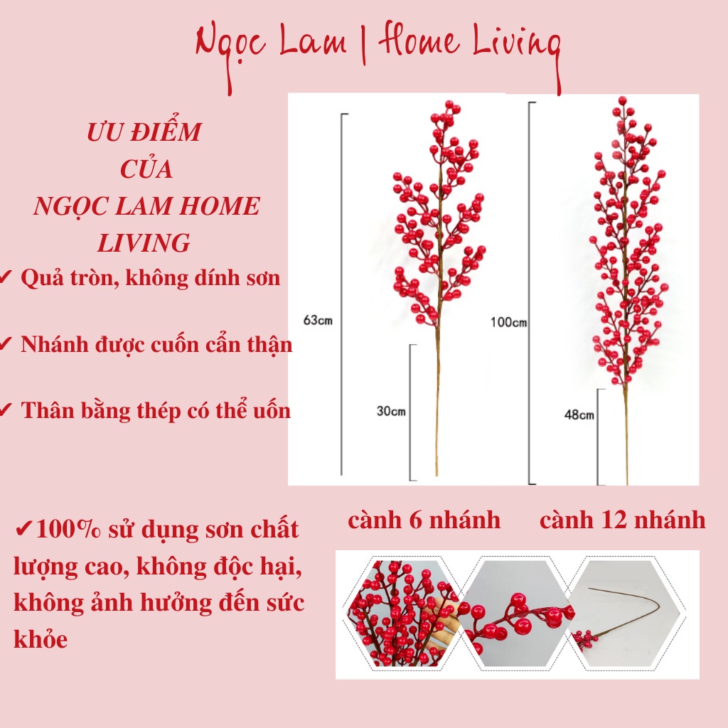 Cành đào đông đỏ 6 nhánh, 12 nhánh quả đều không dính sơn dùng trang trí spa, studio, đại sảnh, nhà hàng, phòng ngủ