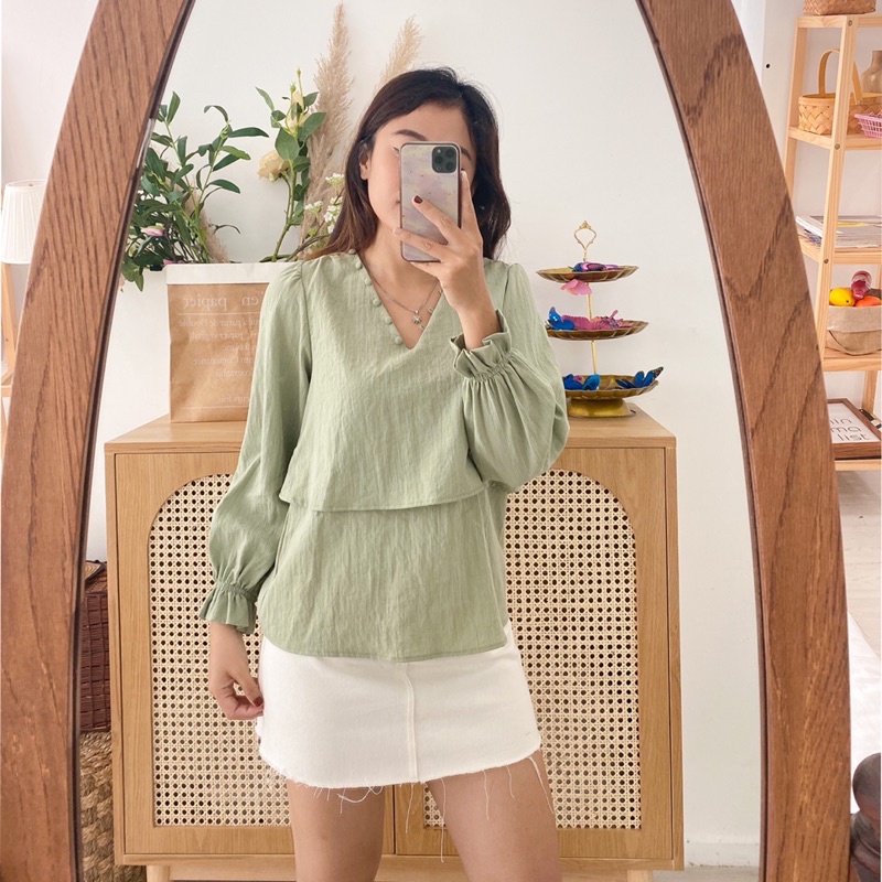 Áo kiểu nữ tay dài, hai tầng Ellen Shirt LUCEFASHION, áo kiểu Hàn Quốc