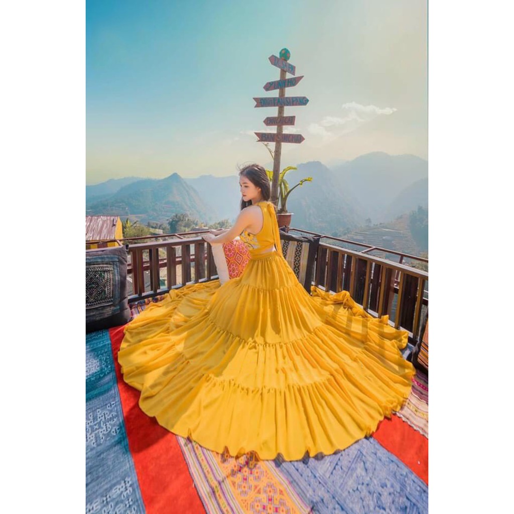 Đầm maxi vàng cut eo chụp hình sống ảo siêu dễ thương HaKieu Msp028