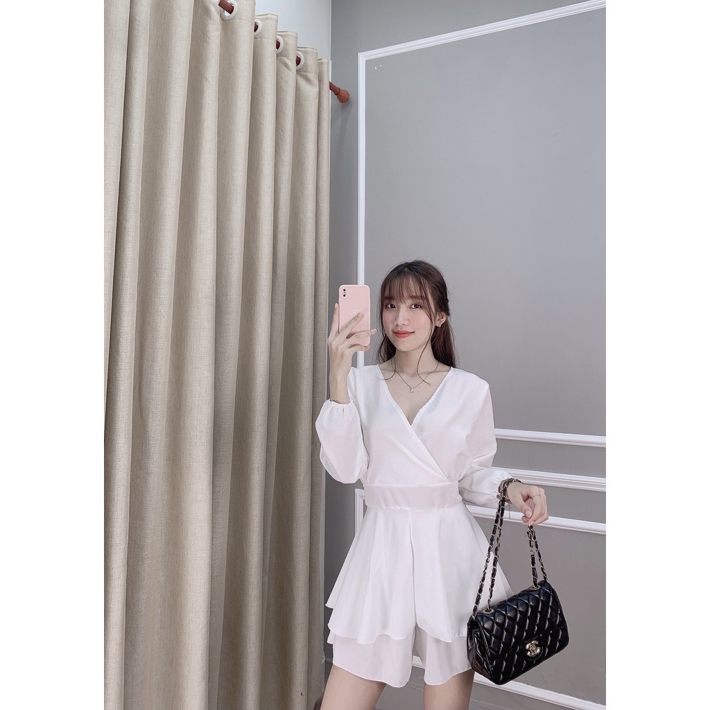 Jumpsuit nữ tay dài màu trắng đắp chéo sang chảnh 2023