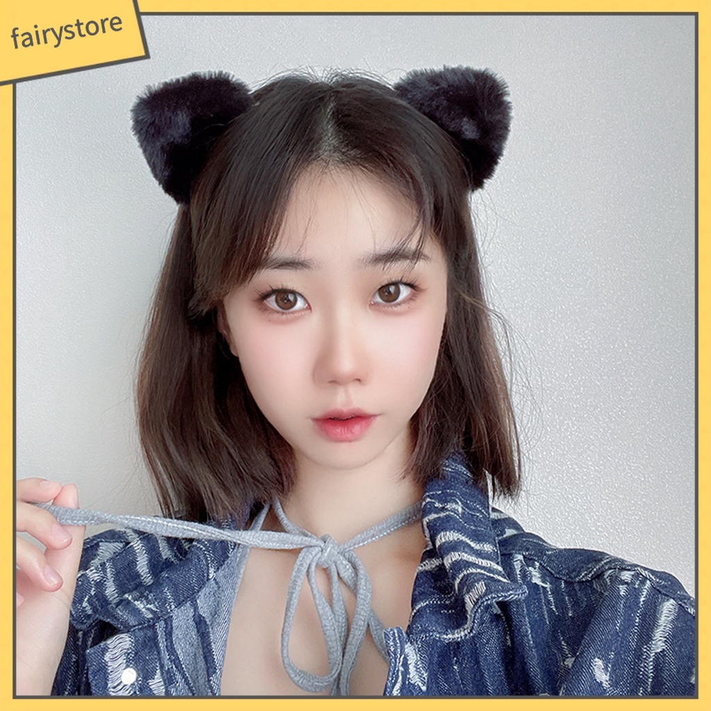 Băng Đô Cài Tóc Tai Mèo Phủ Lông Màu Sắc Ngọt Ngào Co Giãn Nhẹ Nhàng