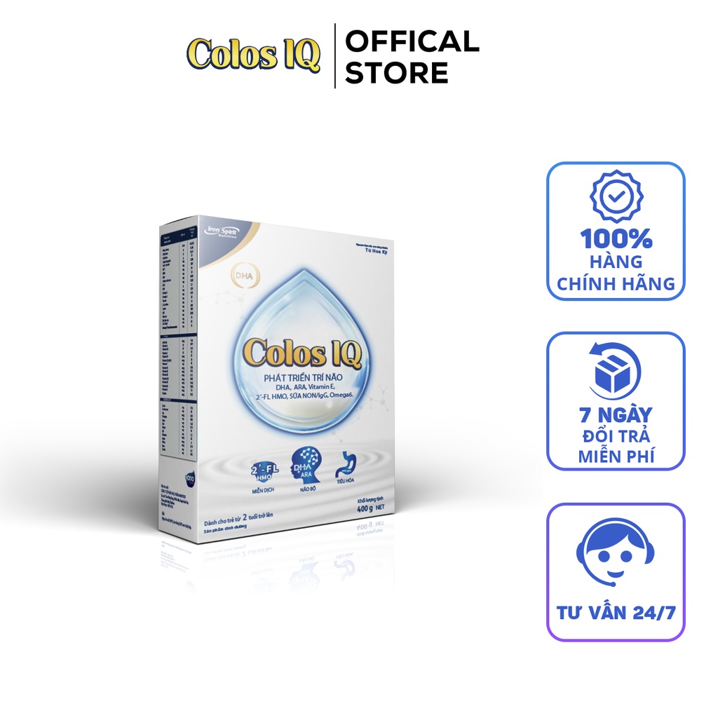 Hộp Giấy Sữa bột COLOS IQ 400gr chính hãng giúp hỗ trợ phát triển trí não cho bé nhanh nhẹn hơn nhờ công nghệ Esolv@