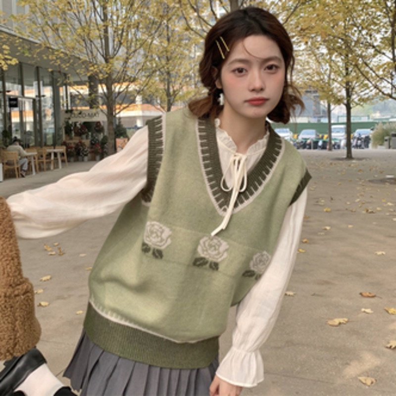 Áo dệt kim RENJIANVSHENG không tay phong cách retro thời trang Hàn Quốc cao cấp cho nữ