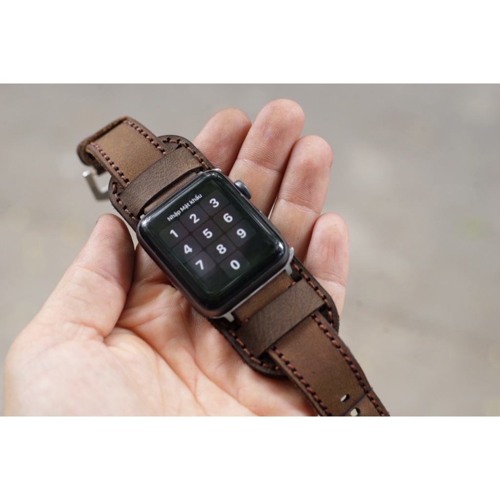Dây đồng hồ Apple Watch , Iwatch , Iphone Watch Da Bò Sáp Nâu Kiểu Quân Đội RAM Leather Bundstrap B1  Bền Đẹp