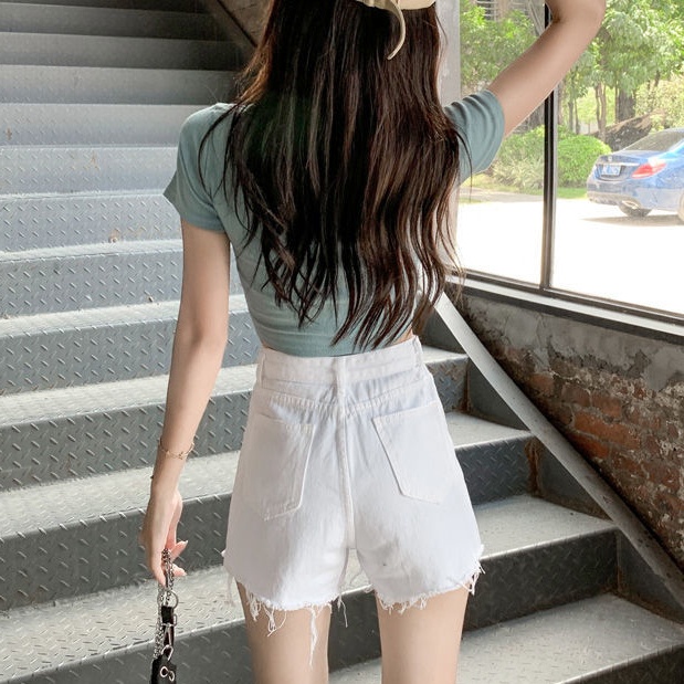 Quần short denim SUXI dáng chữ A cạp cao màu trơn thời trang cho nữ