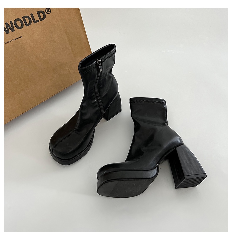 BỐT DA NỮ TRẮNG ĐEN CỔ THẤP MŨI TRÒN GÓT VUÔNG - Giày BOOT Phong Cách Punk Gothic Bốt Nữ Cao