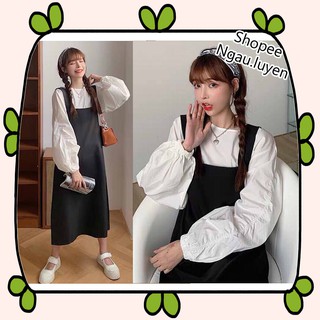 SV006 Bộ yếm kaki đen và áo sơ mi trắng tay bồng tiểu thư nữ tính, bộ váy hai dây dài suông và áo chất đũi cute babydoll