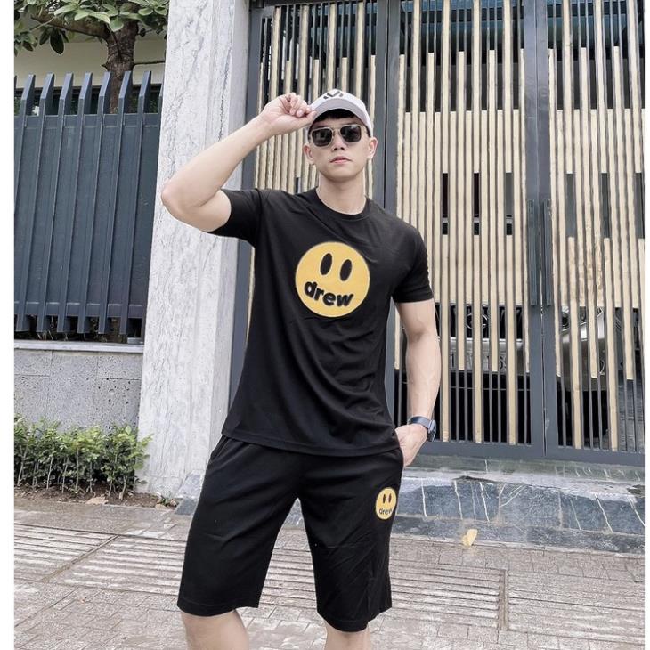 Bộ Quần Áo Cộc Tay In Hình mặt Cười Drew Màu Đen Basic Dễ Mặc ,Chất Thun Cotton Dày Dặn Thoáng Khí Form Unisex