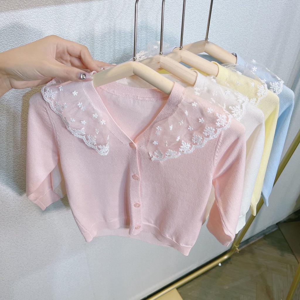 Áo Khoác Len Cardigan Mỏng Phối Ren Xinh Xắn Cho Bé Gái