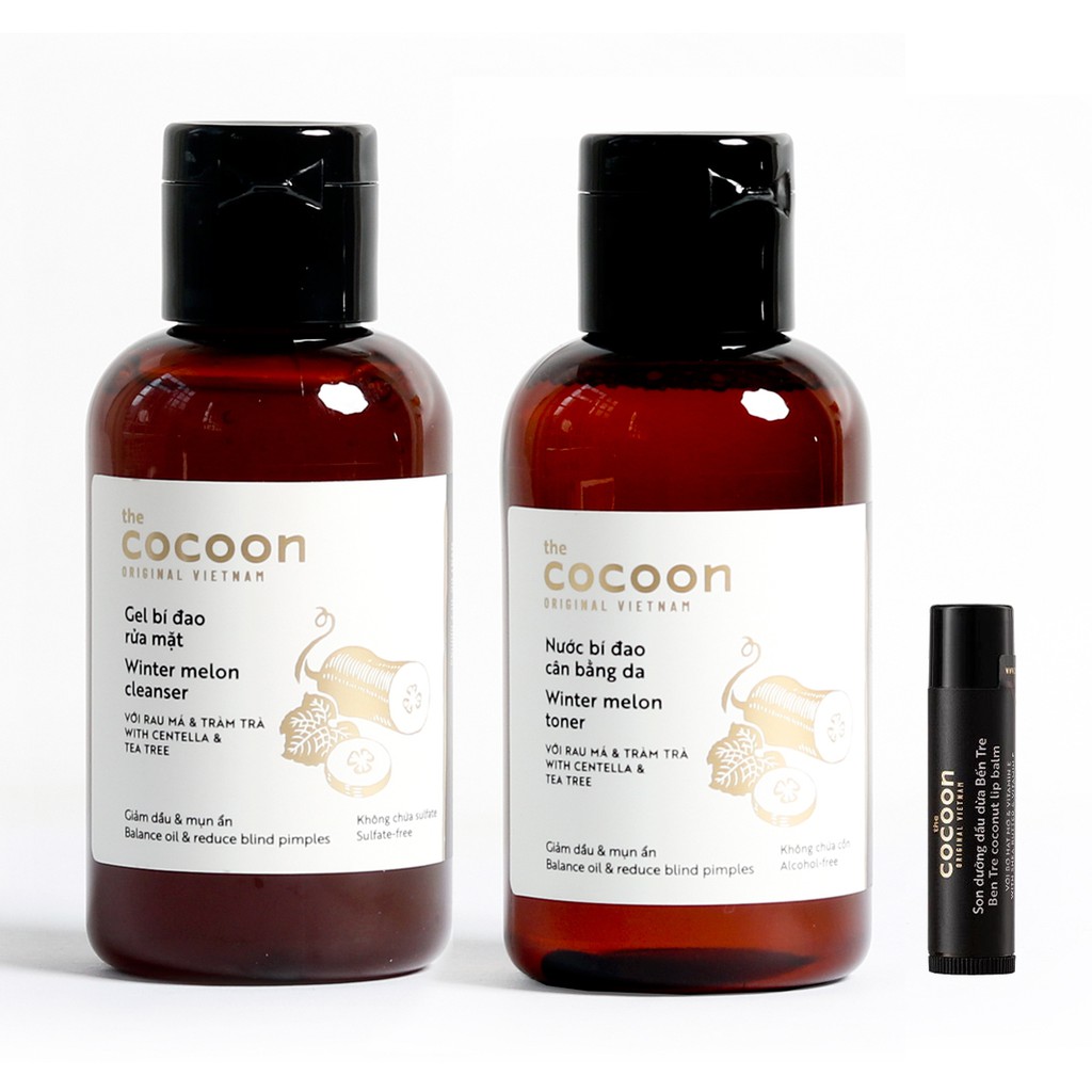 Combo Gel rửa mặt bí đao cocoon 140ml + Toner bí đao cocoon 140ml + Son dưỡng dầu dừa Bến Tre cocoon 5g