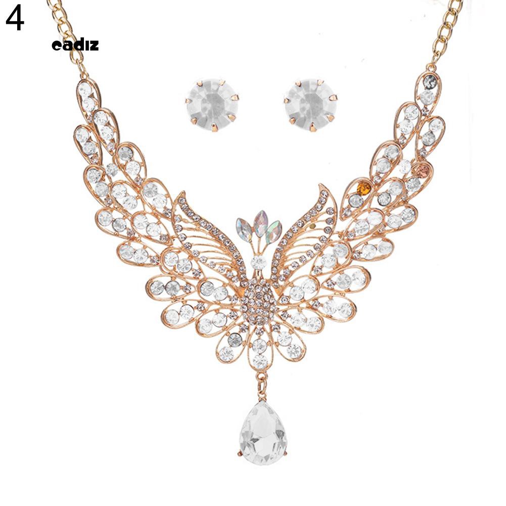 Bộ dây chuyền và khuyên tai hình đuôi công đính đá nhiều màu