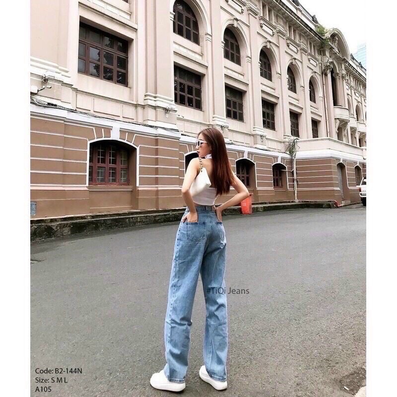 Quần jeans xuông cài đai trơn cạp siêu cao