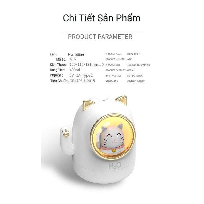 Máy phun sương tạo ẩm mini mèo may mắn dung tích 400ml, máy phun sương đèn Led cổng sạc Usb