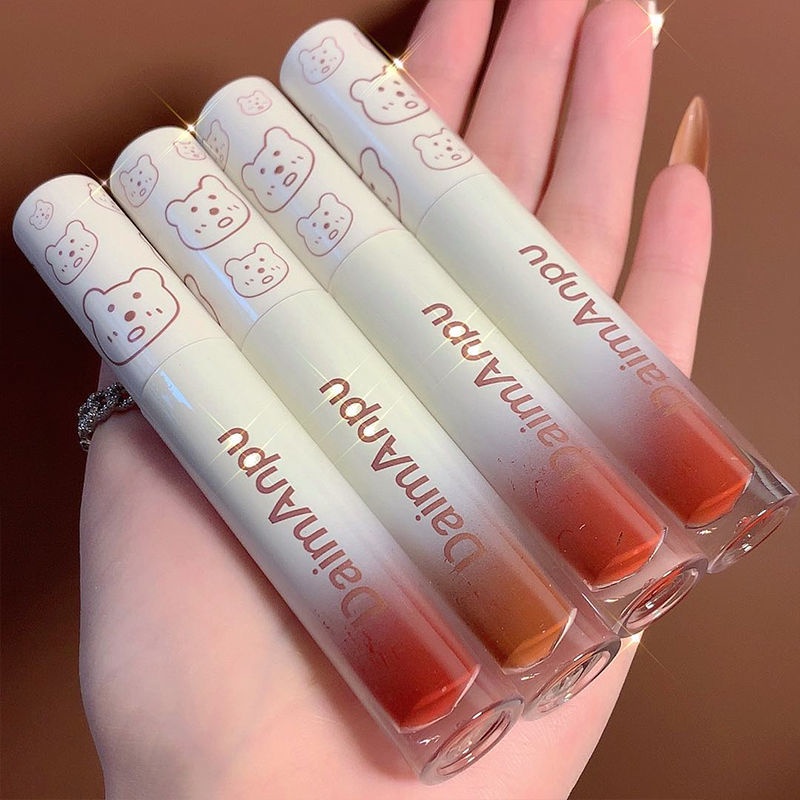 [Hàng mới về] Son kem bóng mịn như nhung chống thấm nước lâu trôi họa tiết gấu nhỏ dành cho bạn nữ