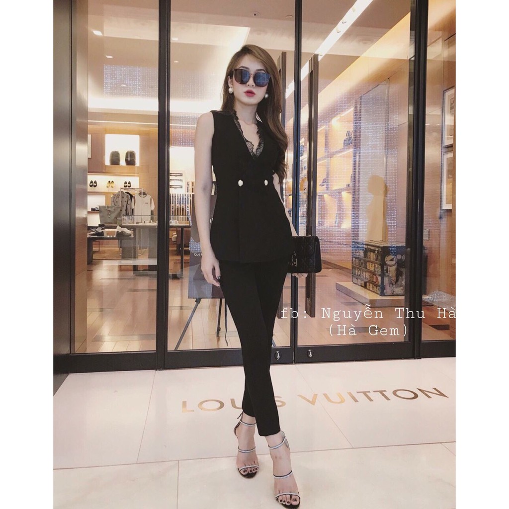 Set áo cổ vest sát nách phối ren đính nút quần dài siêu cute