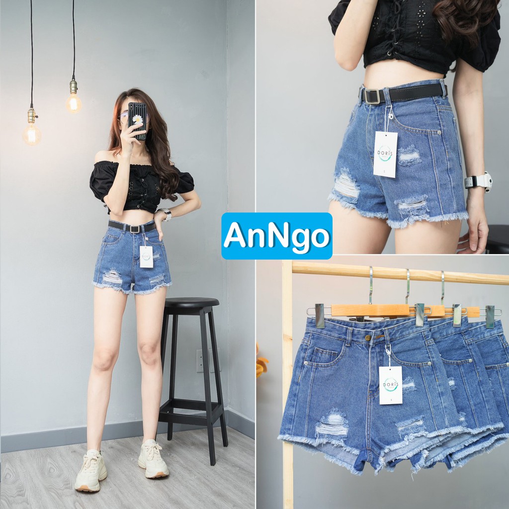 [FREESHIP_50K] Quần short jean nữ lưng cao phối rách denim cotton, rin ngắn phối rách AnNgo - AT73