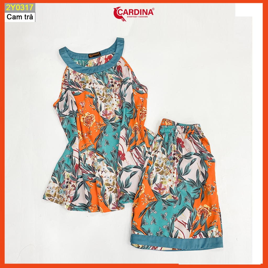 Đồ bộ nữ CARDINA chất lụa Satin Nhật cao cấp quần đùi áo cổ yếm Họa Tiết 2Y03