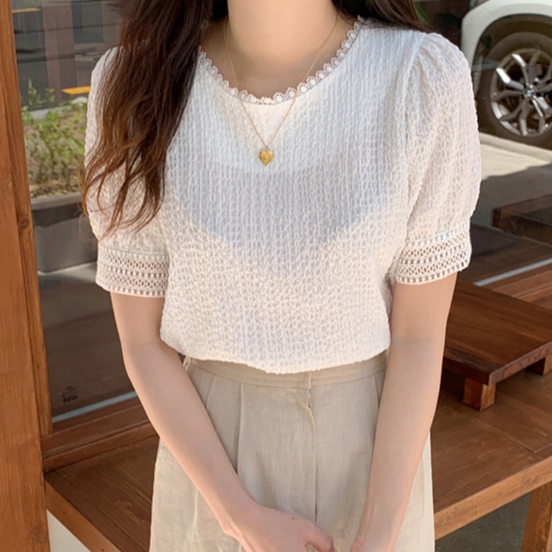 (ORDER) Áo sơ mi cổ tròn đính hạt cườm cộc tay phối ren sang trọng nhẹ nhàng công sở Hàn Quốc
