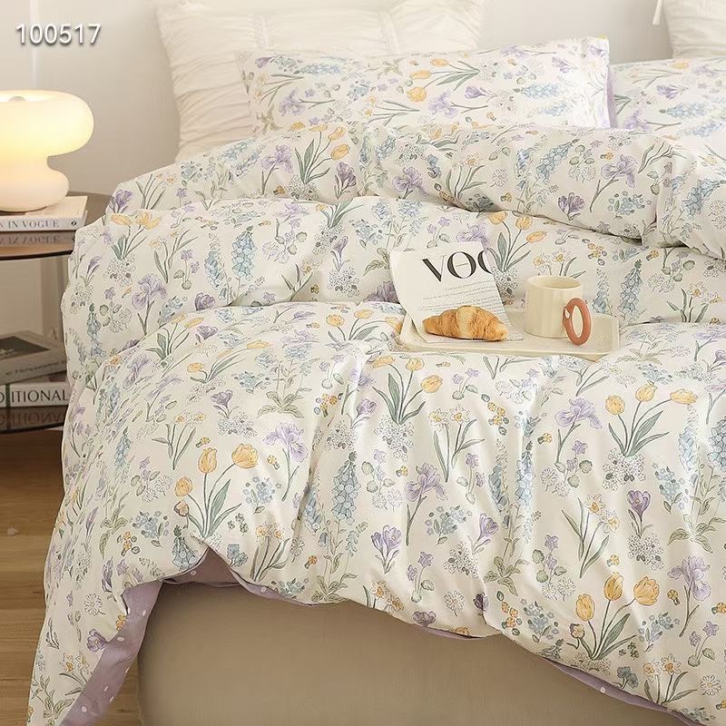 Bộ chăn ga cotton living họa tiết hoa tím set 4 món chăn ga gối cao cấp-hàng nhập khẩu loại 1
