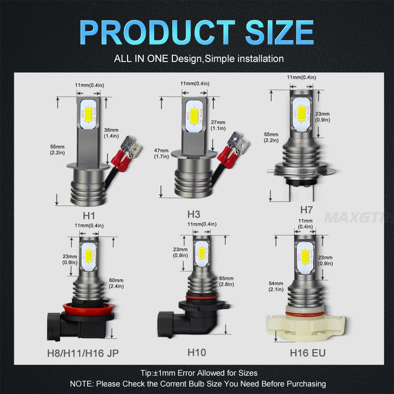 Set 2 đèn LED MAXGTRS Canbus H1 H7 H8 9005 HB3 9006 HB4 H16 H1 H3 880 881 H27W H27 H27W/2 3570 6000K 3000K cho xe hơi