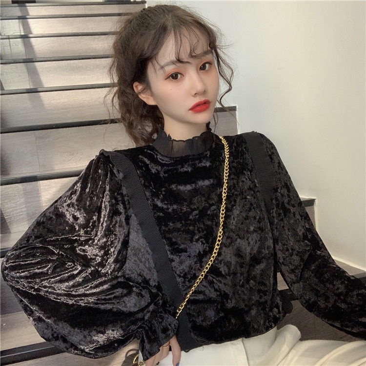 Áo sơ mi nhung tay dài cổ đứng phong cách Hàn Quốc cho nữ