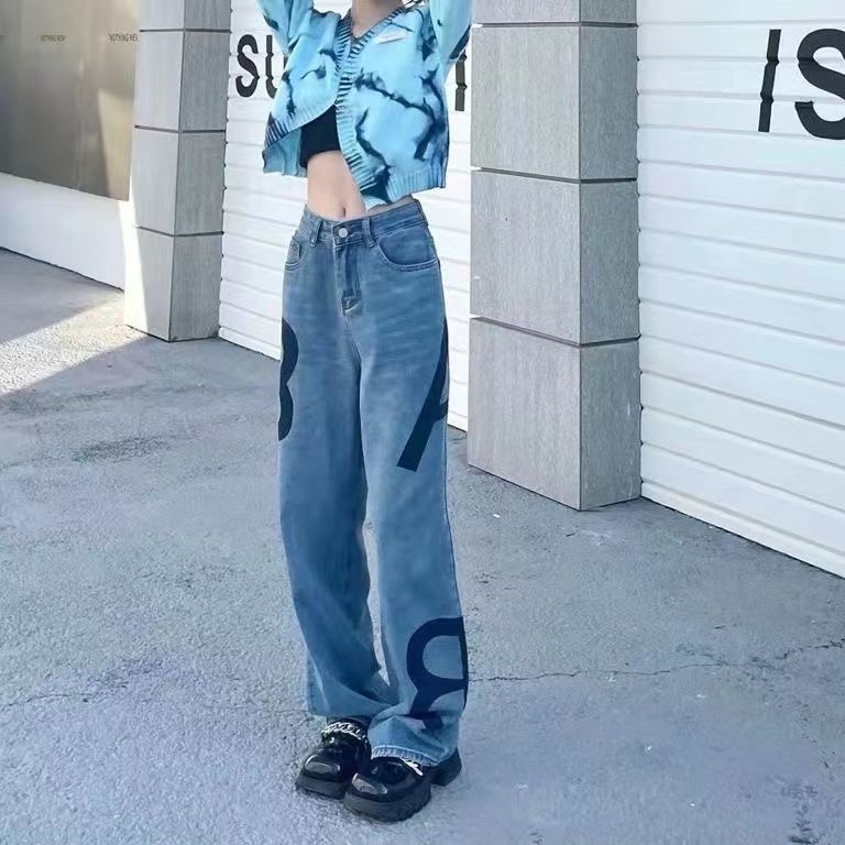 American street High Street AB style letter jeans women's summer loose high waist slimming straight wide leg mop pants trendy M5tV