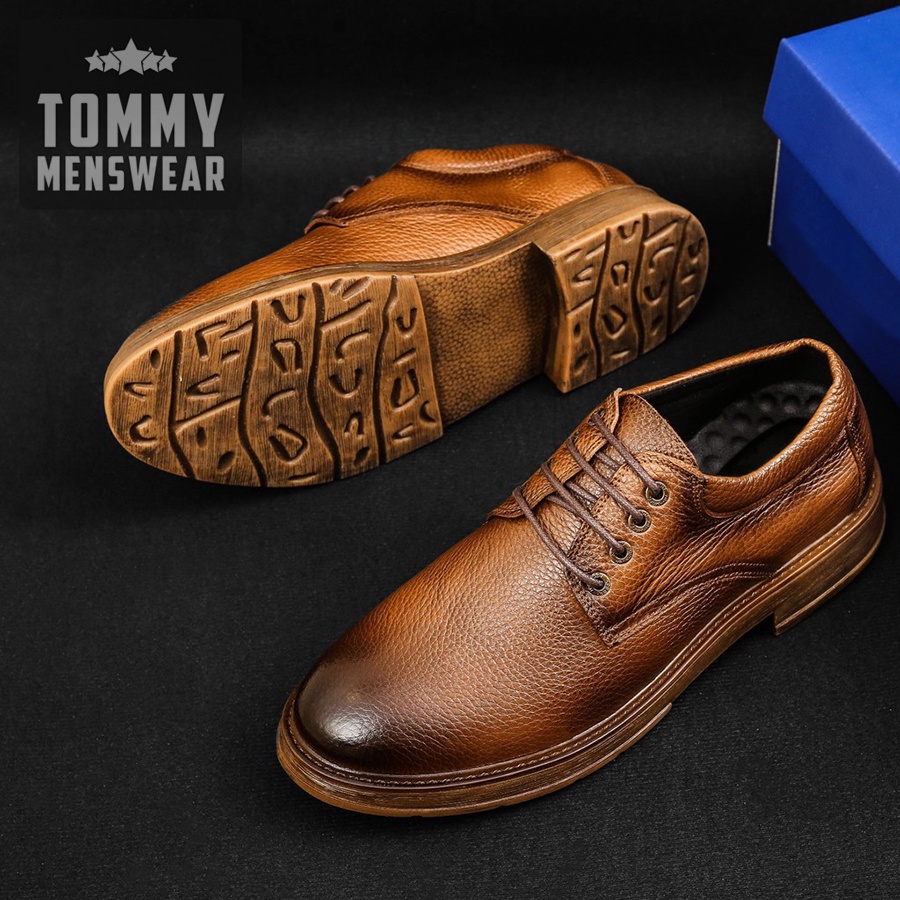Giày Da Nam Giá Rẻ Buộc Dây Cao Cấp Phong Cách TOMMY Giày Nam Cổ Thấp Da Bò Thật GVN10