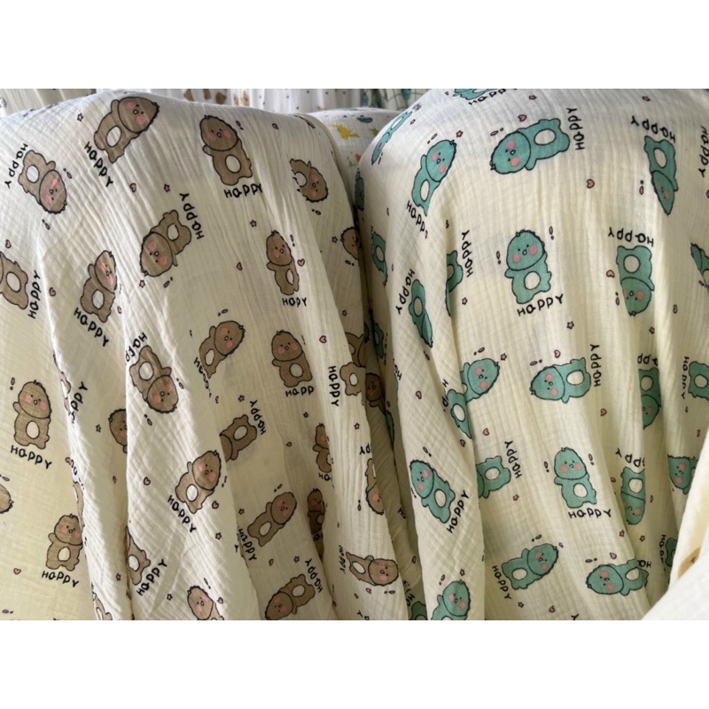 vải xô muslin 2 lớp khủng long happy may đồ bộ dài tay cho bé