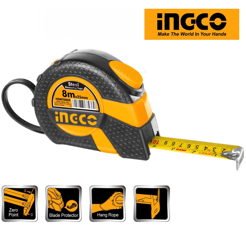 INGCO Thước kéo cuộn 8 mét x 25mm thép nền vàng Steel Measuring Tape HSMT0808