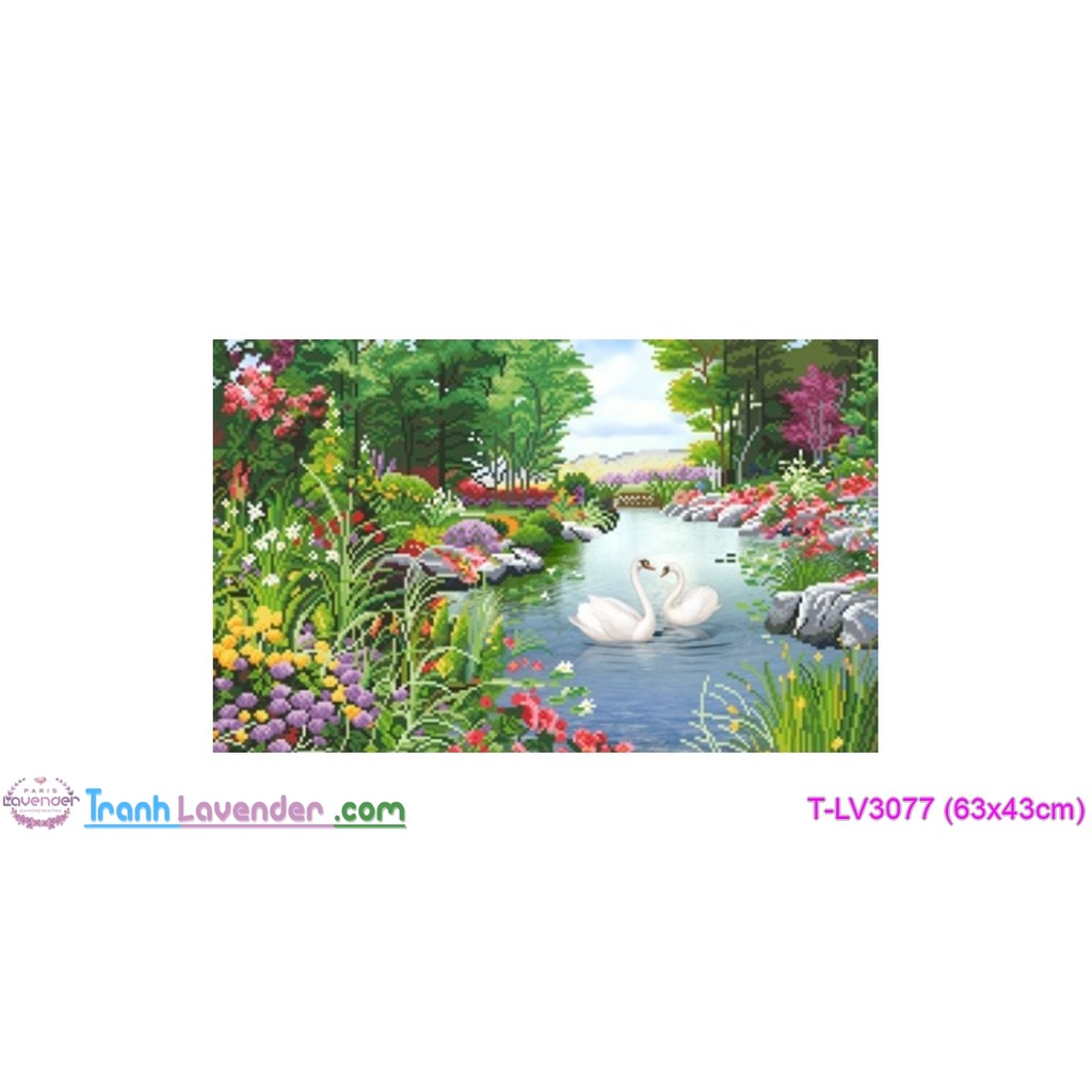 Tranh thêu chữ thập Phong cảnh Uyên Ương Hạnh Phúc (63x43cm)