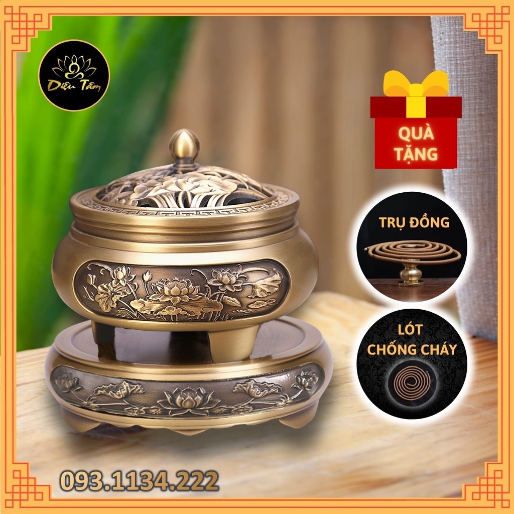 Lư xông trầm hương bằng đồng nguyên khối - chọn mẫu đôn, đế lư đồng thay lư điện tặng trụ cắm xông trầm hương