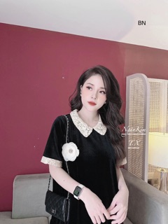 Váy Nhung Cổ Ren hoa ngực