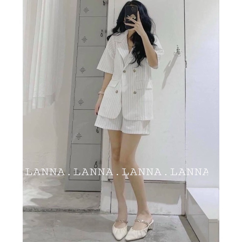 ( Ảnh thật ) Set blazer kẻ sọc dọc kèm quần short dáng rộng, set vest sọc basic | BigBuy360 - bigbuy360.vn