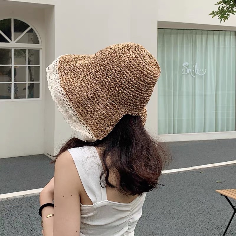 Nón cói viền ren thắt nơ - Mũ che nắng du lịch - Maben