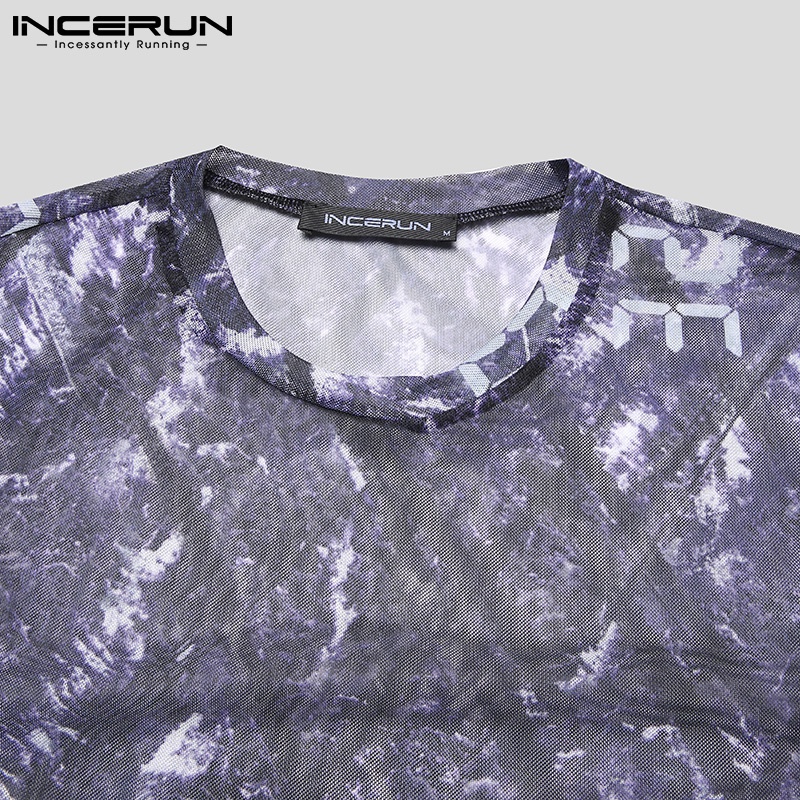 Áo kiểu INCERUN dành cho nam thiết kế tay dài cổ tròn co giãn vải lưới trong suốt mùa hè