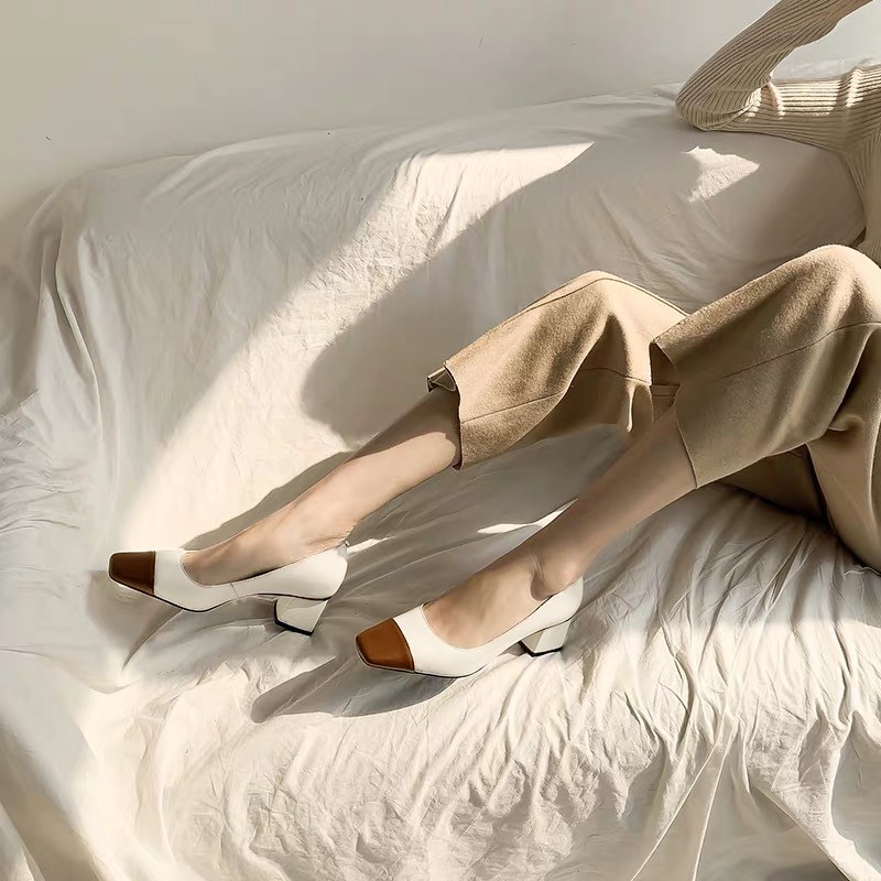 Giày cao gót công sở gót vuông 5 phân da lì phối màu cực sang- Có size lớn cho chân ngoại cỡ